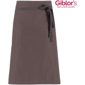 A brown apron with a tie waist and a side pocket, featuring a logo in the corner.