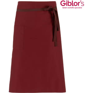 A maroon apron featuring a waist tie and a front pocket. Includes a logo on the upper right corner.