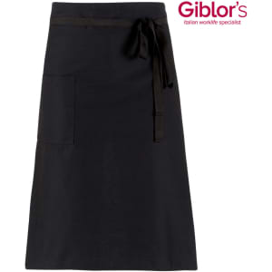 A black apron with a pocket and a tie waist, featuring a logo at the top right corner.