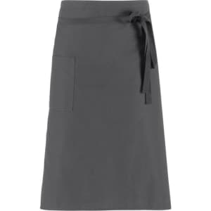 A grey apron featuring a front pocket and a tied waist, with a logo on the fabric.