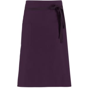 A purple apron featuring a waist tie and a front pocket. The product includes a logo.