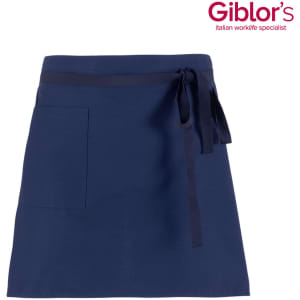 A navy blue apron featuring a pocket and a tie at the waist, with a logo in the corner.