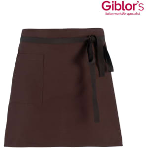 A brown apron with a black tie and pocket, featuring a logo in the top corner.