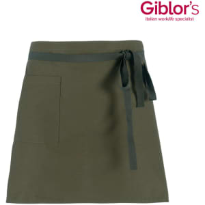 An olive green apron with a waist tie and a pocket, featuring a logo in the corner.