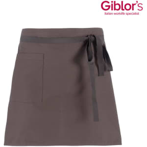 A brown apron featuring a waist tie and a pocket; includes branding.
