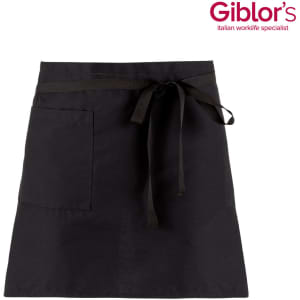 A black apron featuring a front pocket and a waist tie, with a logo in the corner.
