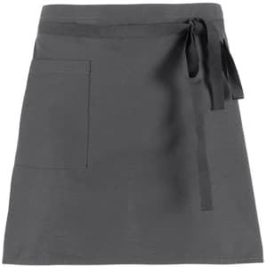 A grey apron with a tie waist and a single front pocket, featuring a logo.