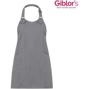 A grey apron with two front pockets and adjustable straps, featuring a logo at the top.