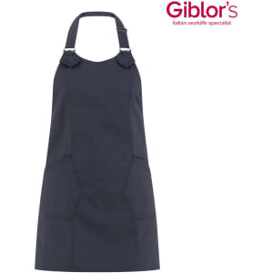 A dark navy apron featuring a halter neck design and two front pockets, with a subtle brand logo.