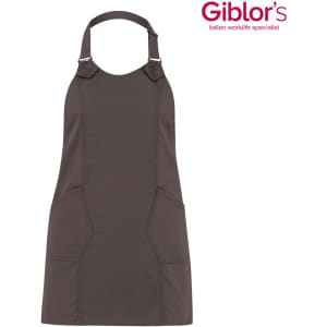 A dark brown apron featuring two pockets and a logo. The design includes a halter neck and adjustable straps.