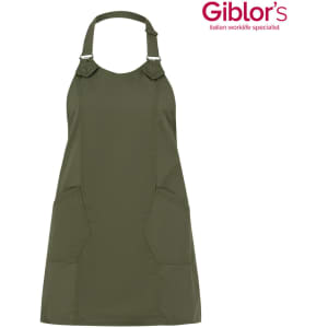 An olive green apron with adjustable straps and two front pockets. It features a logo in the top corner.
