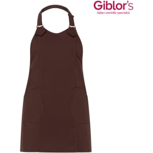 A brown apron with a simple design and adjustable neck straps. It features a logo in the corner.