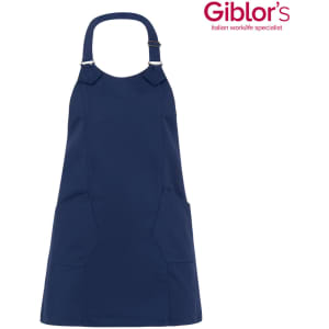 A navy apron with a halter neck and front pockets, featuring a logo at the top.