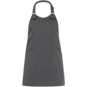 A grey apron with a high neck and two front pockets, featuring adjustable straps and a branding logo.