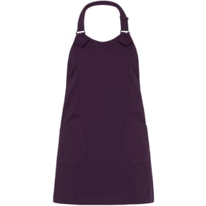 A purple apron featuring a halter neck and two front pockets, with a logo on the design.