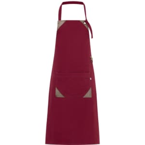 A burgundy apron with tan accents and a pocket, featuring a logo. Ideal for workwear use.