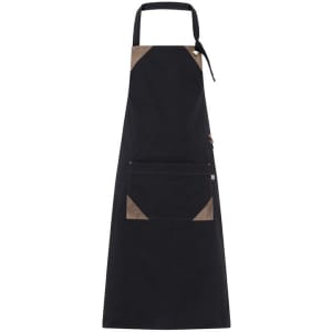 A black apron featuring brown accents and a front pocket, designed for workwear use. Includes a logo.