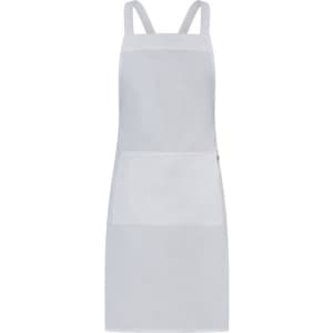A white apron with a front pocket and adjustable straps, featuring a logo. Suitable for workwear.