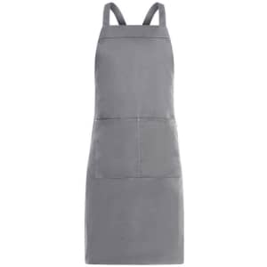 A grey apron featuring a front pocket and adjustable straps. The apron has a logo at the top.