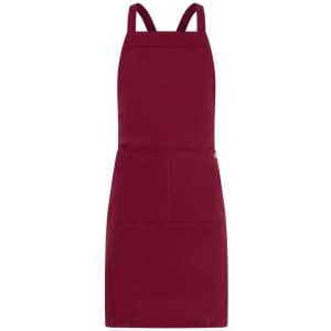 A maroon apron with adjustable straps and a front pocket. The apron features a logo.