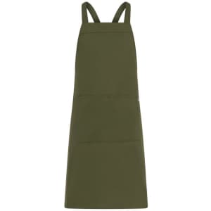 An olive green apron featuring a simple design and two front pockets, equipped with adjustable straps and a logo.