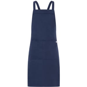 A navy blue apron with adjustable straps and a front pocket, featuring a logo.