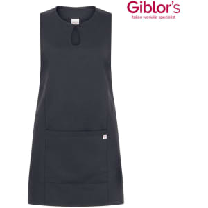 A dark grey apron with a keyhole neckline and a front pocket, featuring a logo.