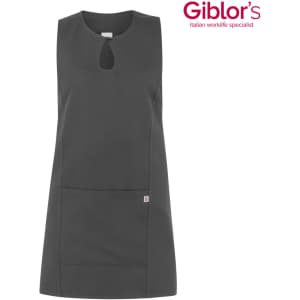 A grey apron with a keyhole neckline and a front pocket. It features a logo on the side.