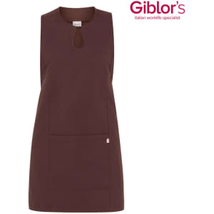 A brown apron with a keyhole neckline and a front pocket, featuring a logo on the top right corner.