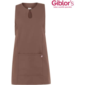 A brown apron featuring a keyhole neck design and a front pocket, with a logo on the side.