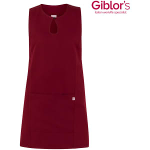 A burgundy apron featuring a keyhole neckline and a front pocket. It has a logo in the top right corner.