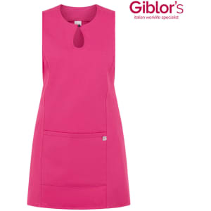 A pink apron with a keyhole neck design and a front pocket, featuring a logo on the upper right corner.