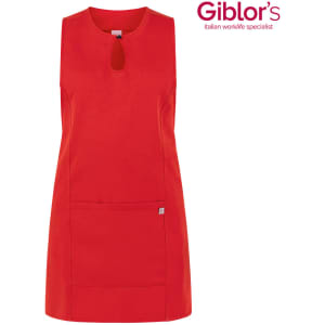 A red apron with a sleeveless design and a front pocket, featuring a keyhole cutout at the neckline.