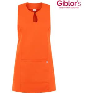 An orange apron with a keyhole neckline and a front pocket. It features a branding logo.