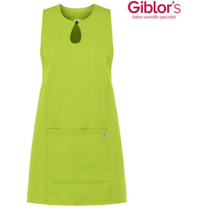 A lime green apron featuring a keyhole neckline and a front pocket; includes a logo in the corner.