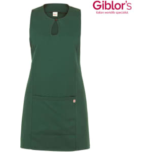 A green apron with a keyhole neckline and a front pocket. It features a branding logo on the upper right.