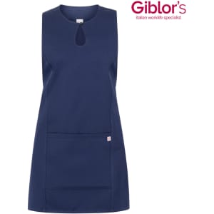 A navy blue apron featuring a keyhole cutout and a front pocket. It has a branding logo on the top right.
