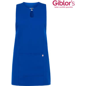 A blue apron with a keyhole neck detail and a front pocket, featuring a logo on the side.