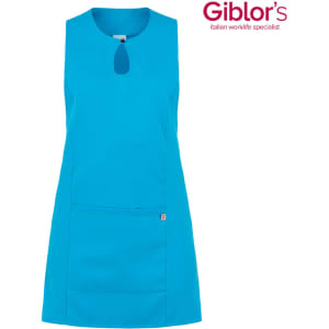 A vibrant blue apron with a keyhole neckline and a front pocket, featuring branding in the corner.