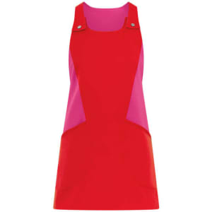 A red and pink apron/pinafore featuring pockets and a button detail, suitable for various uniform purposes.