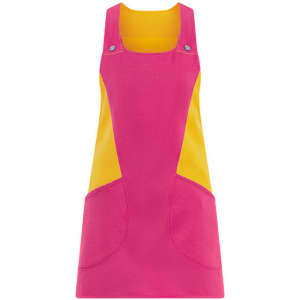 A pink and yellow apron with adjustable straps and pockets on the front, featuring a logo.