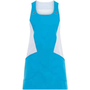A turquoise apron with white panels, featuring a modern design and two front pockets. It has a logo.