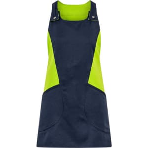 A navy and lime green apron/pinafore with a stylish design and pockets, featuring branded elements.