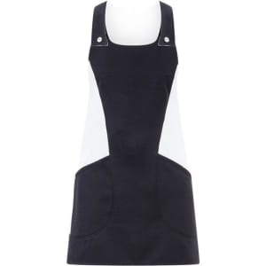 A black and white apron with shoulder straps and large front pockets, featuring a logo on the front.