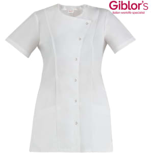 A white short-sleeved tunic featuring buttons and two front pockets, branded with a logo.