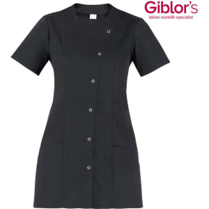 A short-sleeved, black tunic featuring a buttoned front and side pockets, designed for professional wear.