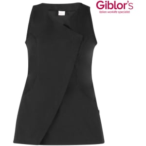 A black tunic with a modern design featuring a wrap front and side pockets. It has a logo in the corner.