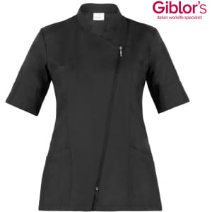 A black Carmen Tunic featuring short sleeves, a zip closure, and two pockets. Includes a logo in the corner.