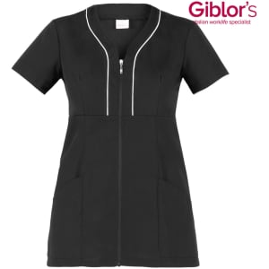 A black tunic with a zippered front and short sleeves, featuring white piping and two front pockets.