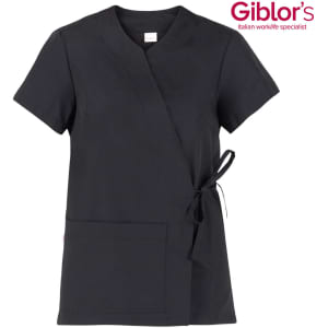 A black kimono-style top with short sleeves and a front tie, featuring a large patch pocket. It has a logo in the corner.